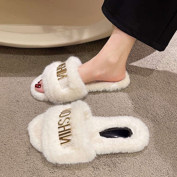 Dép cotton Phối Lông Chữ Thời Trang Mùa Thu Cho Nữ