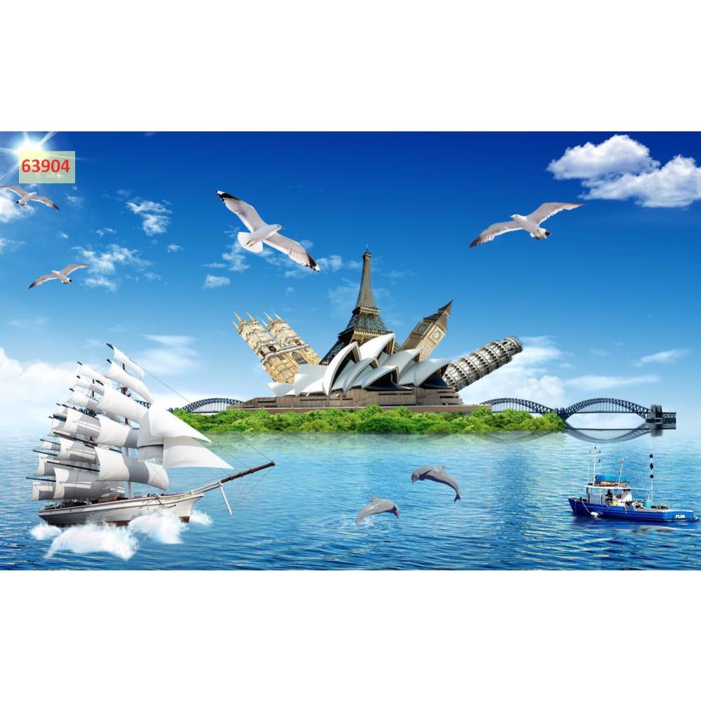 Tranh Lụa dán tường phòng khách thiên nhiên nổi tiếng, đẹp nhất như núi Phú S, tháp nghiêng, cánh đồng lúa 3D