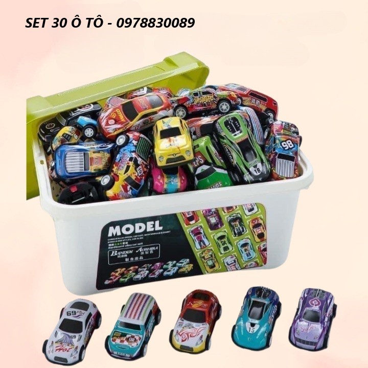 Thùng 30 Ô Tô Đồ Chơi Cho Bé, Set 30 Xe Đua Chạy Đà Cót Chất Liệu Hợp Kim, Nhựa ABS - Tặng Kèm Thùng Nhựa