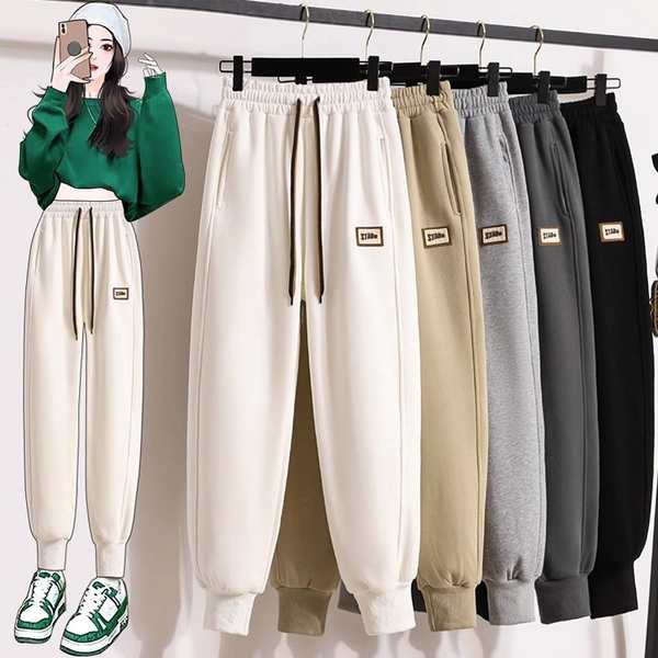 Quần ống đứng nữ quần nữ dài Quần thể thao lót nhung quần thể thao thoải mái Harlan tôn dáng gầy dễ phối thân hình nhỏ mẫu mới mùa thu đông 2023 bo gấu rộng rãi cho nữ