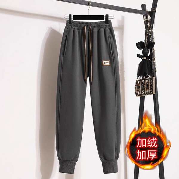 Quần ống đứng nữ quần nữ dài Quần thể thao lót nhung quần thể thao thoải mái Harlan tôn dáng gầy dễ phối thân hình nhỏ mẫu mới mùa thu đông 2023 bo gấu rộng rãi cho nữ