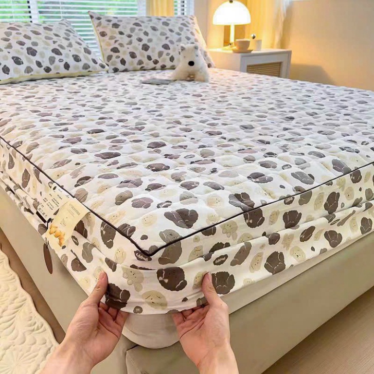 Bộ ga gối trần bông vải cotton BO CHUN đũi đậu nành - Set 3 món ga gối trần bông cotton đũi bo chun bọc đệm