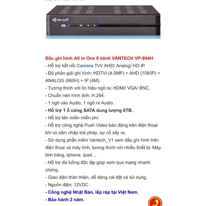 Đầu ghi hình VANTECH 5in1 All in One 4 8 16 kênh