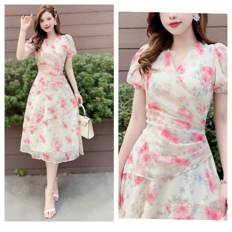 Đầm thời trang nữ mặc đi chơi chất voan hoa cao cấp cổ V tay phồng ngắn bo eo đắp chéo che bụng váy xòe có lớp lót trong