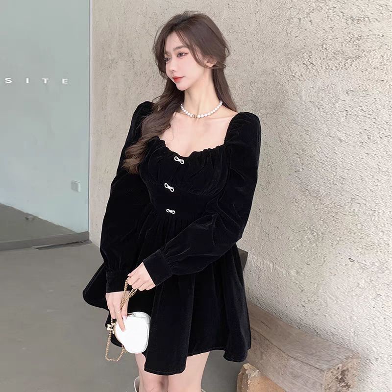 Đầm nhung tay phồng kết nơ đá xinh xắn