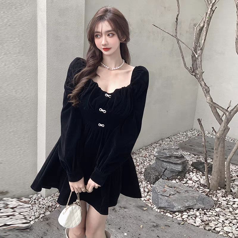 Đầm nhung tay phồng kết nơ đá xinh xắn