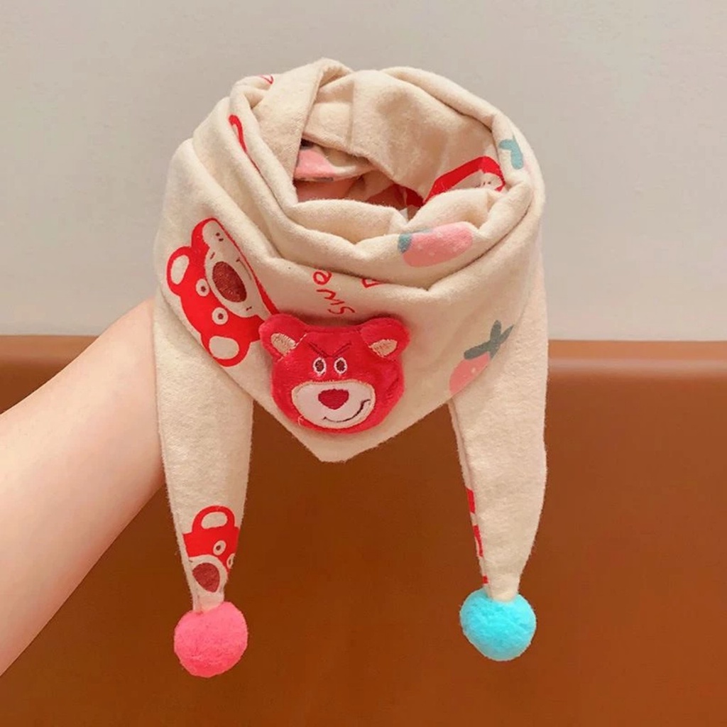 Khăn quàng cổ họa tiết gấu dâu khăn choàng cotton hai lớp thời trang thu đông cho các bé
