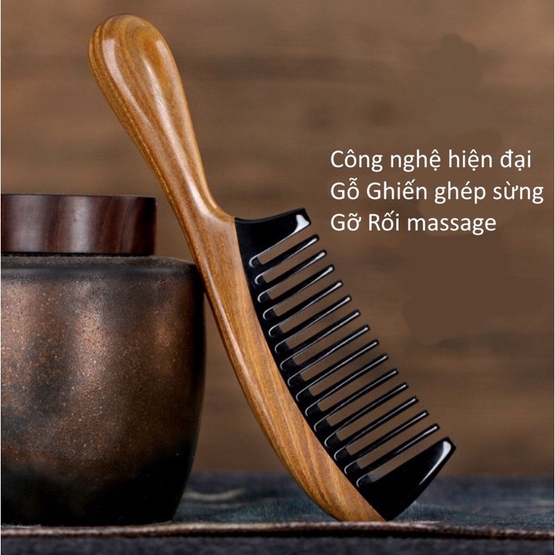 Lược chải tóc lược sừng ghép gỗ massage lưu thông máu não, Cạo gió toàn thân, đa công dụng cao cấp