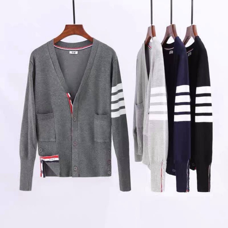 001 Áo Cardigan Thome Browe Chất Nhung Tăm-Áo Cardigan Phối Hoạ Tiết 4 Sọc Cực Đẹpff