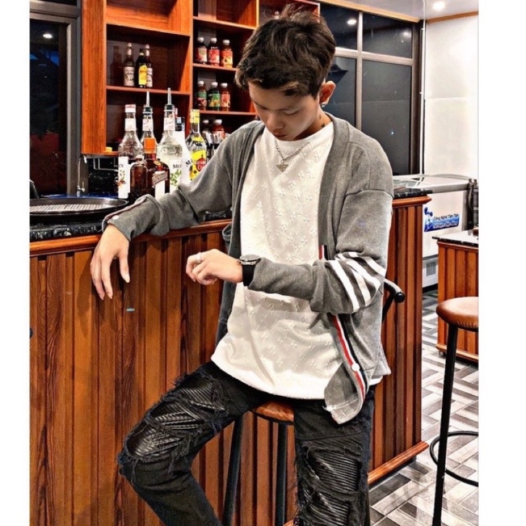 001 Áo Cardigan Thome Browe Chất Nhung Tăm-Áo Cardigan Phối Hoạ Tiết 4 Sọc Cực Đẹpff