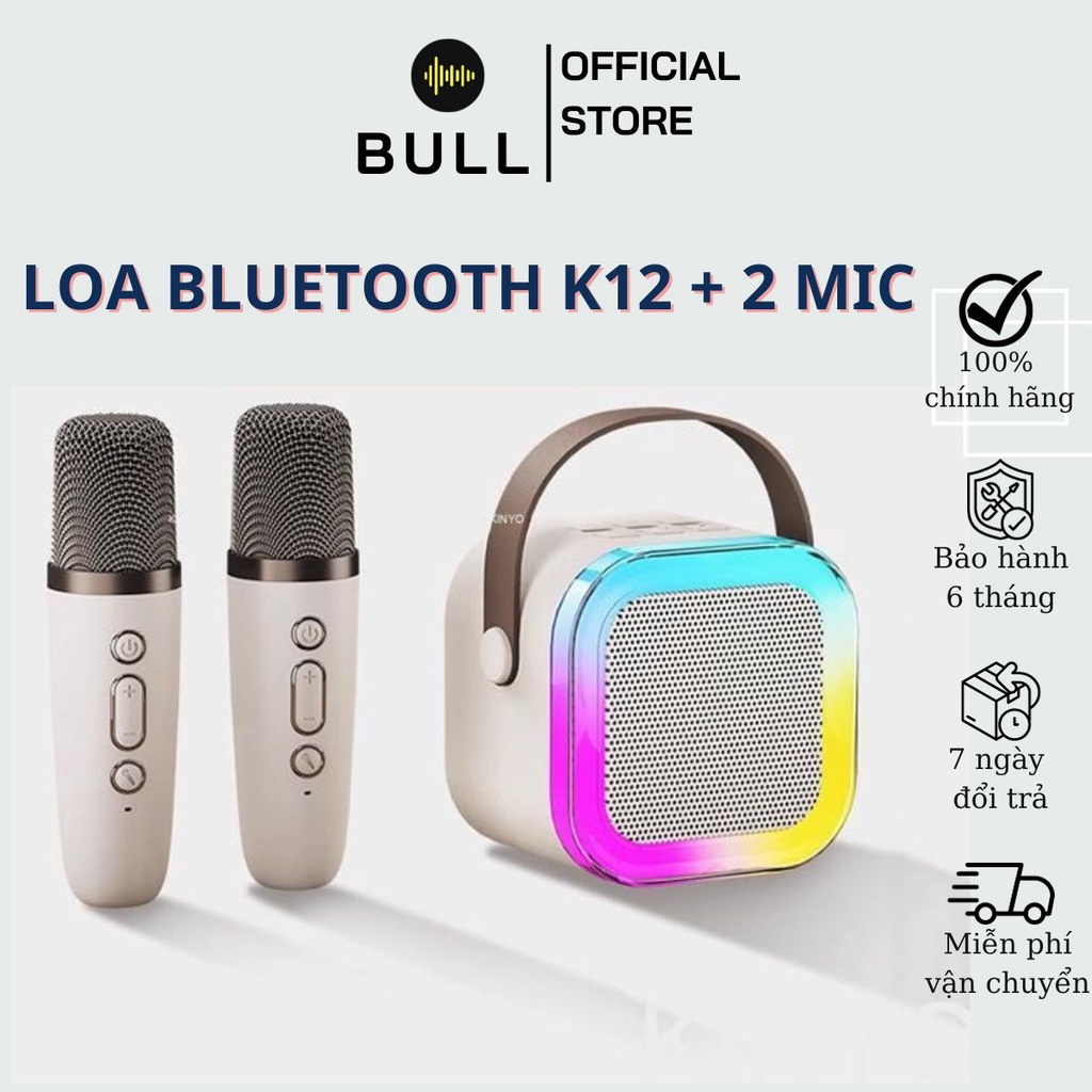 (2 mic) Bộ loa kèm micro hát karaoke xách tay di động-Loa Bluetooth Karaoke Mini K12 kèm 2 micro âm thanh hay có đèn led