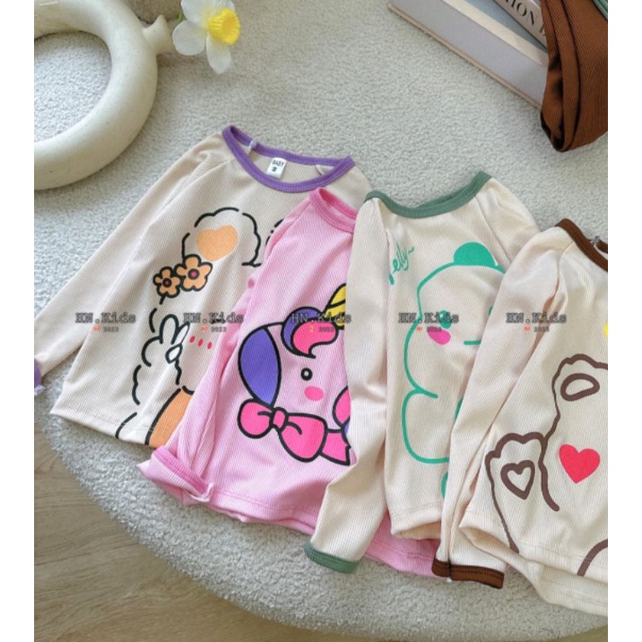 Bộ bé gái dài tay thu đông chất thun gân tăm lạnh bèo nhún size nhí