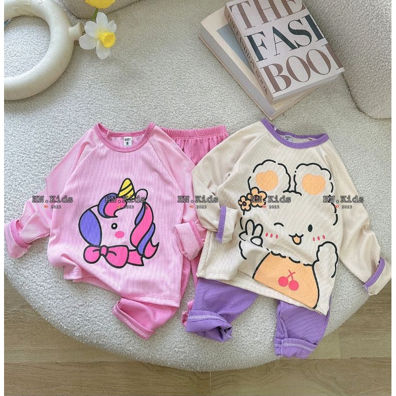 Bộ bé gái dài tay thu đông chất thun gân tăm lạnh bèo nhún size nhí