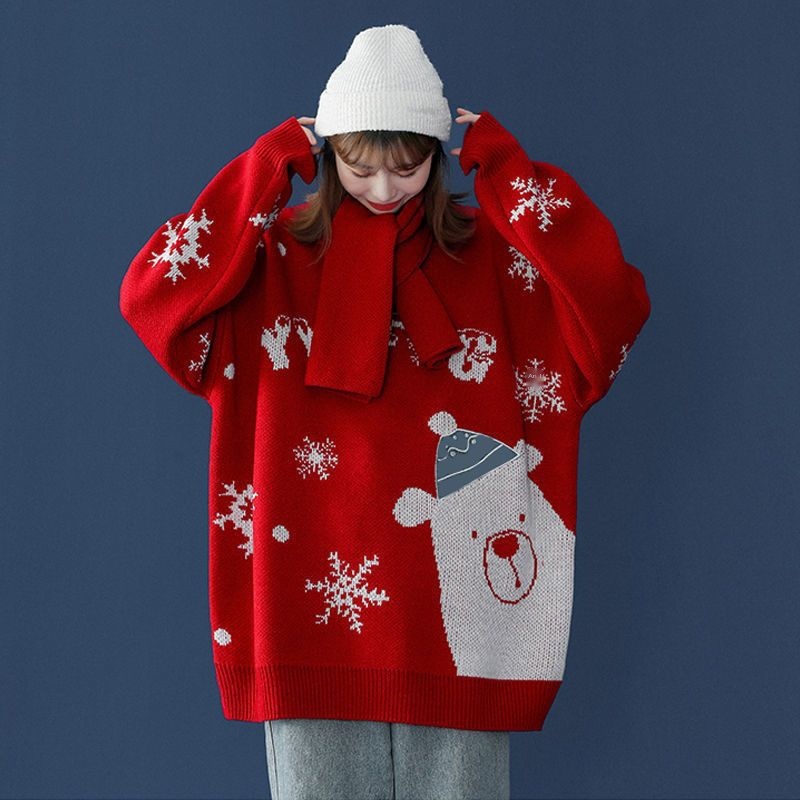 Áo Khoác sweater Dệt Kim Màu Đỏ Giáng Sinh 40% off] Phong Cách Hàn Quốc Mùa Thu Và Mùa Đông Mới Cho Nữ