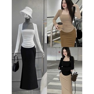 🛒 Set Áo Tay Dài Cổ Vuông Vạt Bầu Rút Dây Hai Bên Hông Và Chân Váy Xòe Đuôi Cá - Dài Maxi Ôm Body Sexy Tiểu Thư Bánh Bèo