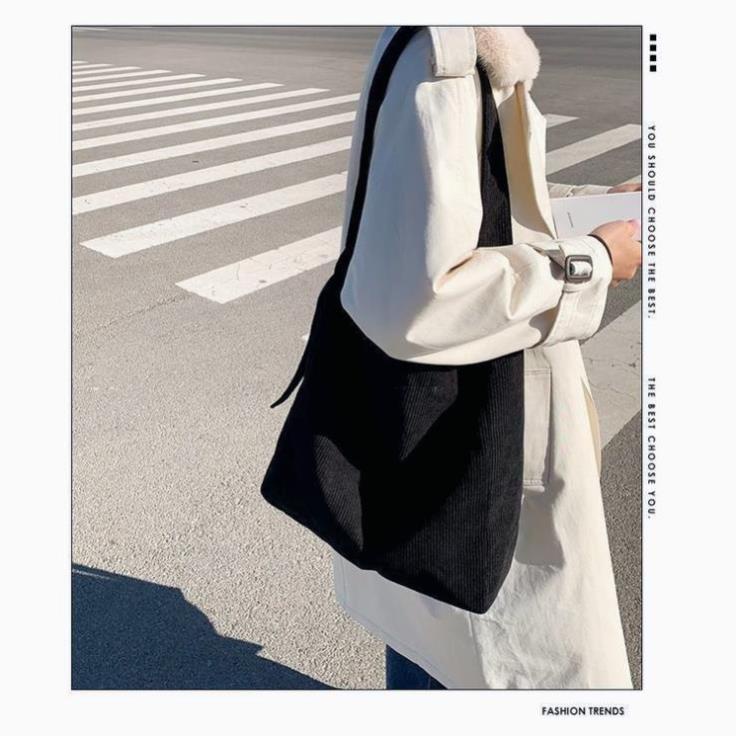 Túi đeo chéo, Túi tote vải nhung tăm sọc gân nam nữ unisex đi học đi chơi đựng sách A4, laptop 14inch TX101