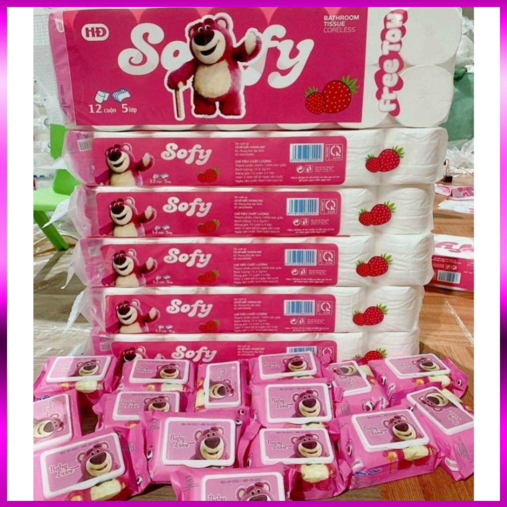 Giấy vệ sinh cao cấp Gấu Dâu SOFY 4 lớp bịch 10 cuộn tặng thêm 2 cuộn hàng loại 1 C02