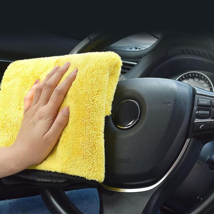 Khăn lau ô tô, xe hơi, lau kính lau tay màu vàng, 2 lớp Microfiber mềm mịn, siêu thấm hút