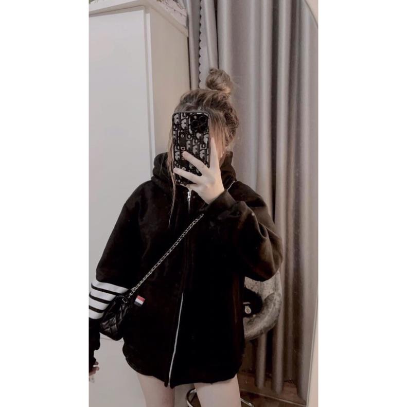 Áo Khoác Nỉ Unisex Sọc Tay Mũ 2 Lớp Xịn Xò 😎Áo Nỉ Bông Viền Túi Tay Bồng
