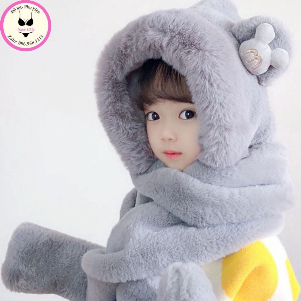 Mũ trùm đầu kèm khăn " CHỮ M "🍀FREESHIP🍀Mũ len cho bé có khăn cổ và găng tay hình tai gấu đáng yêu