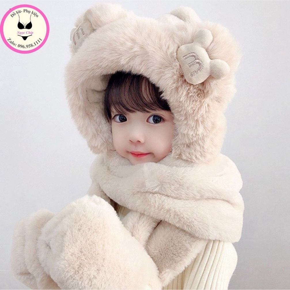 Mũ trùm đầu kèm khăn " CHỮ M "🍀FREESHIP🍀Mũ len cho bé có khăn cổ và găng tay hình tai gấu đáng yêu