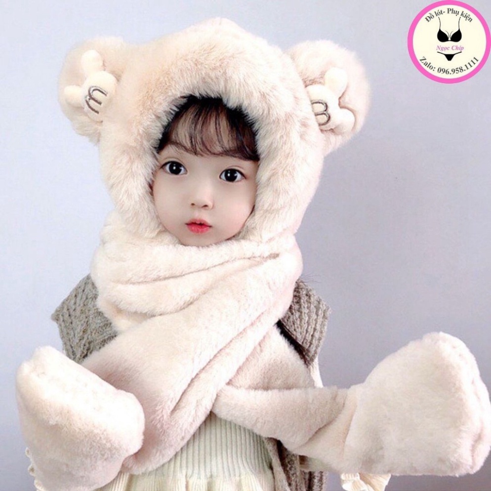 Mũ trùm đầu kèm khăn " CHỮ M "🍀FREESHIP🍀Mũ len cho bé có khăn cổ và găng tay hình tai gấu đáng yêu