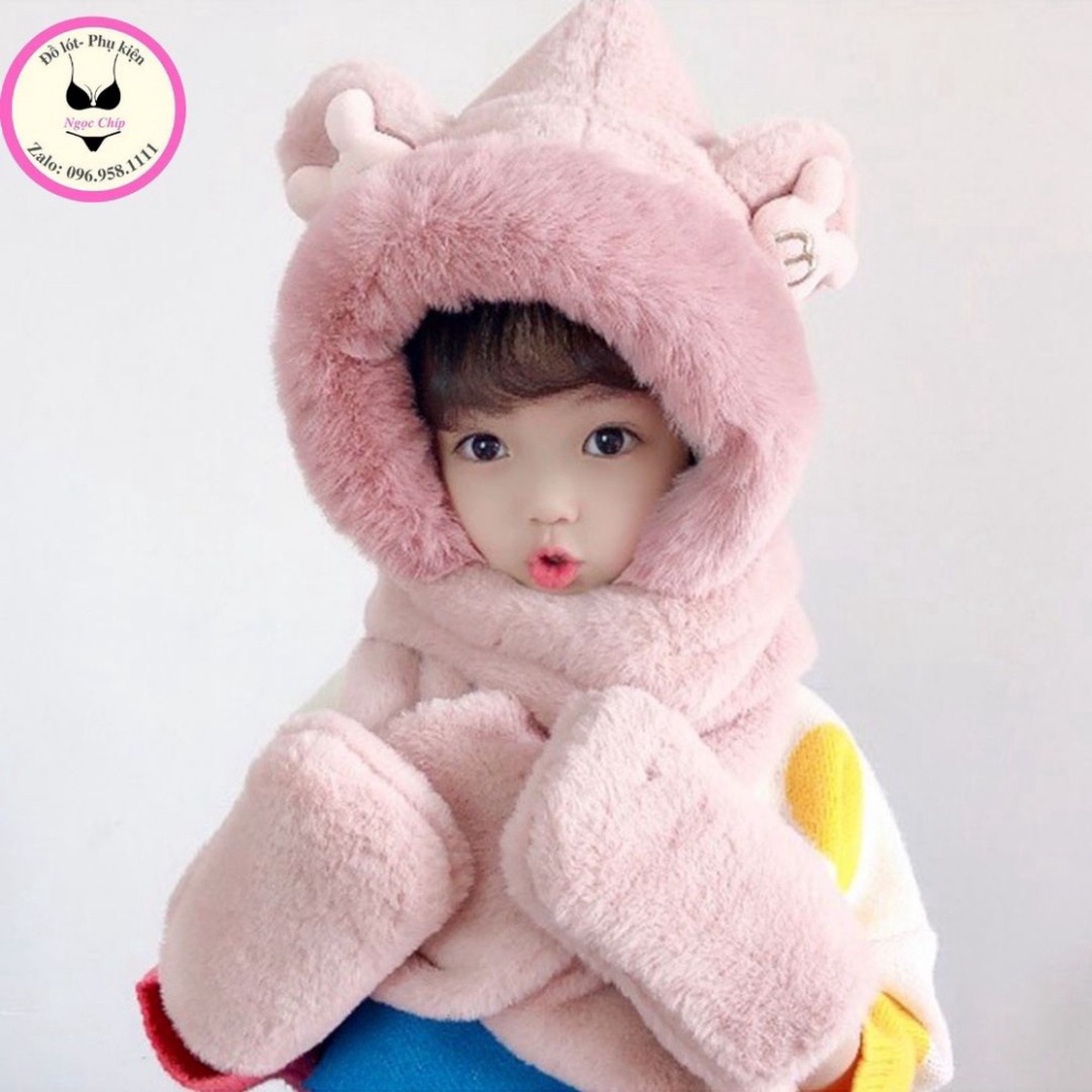 Mũ trùm đầu kèm khăn " CHỮ M "🍀FREESHIP🍀Mũ len cho bé có khăn cổ và găng tay hình tai gấu đáng yêu