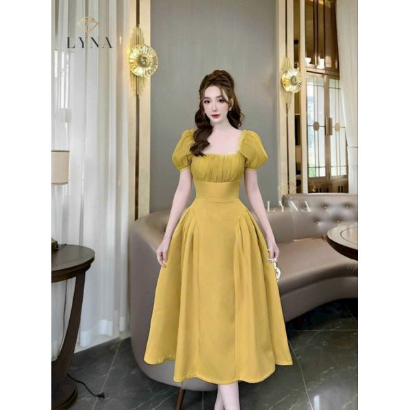 Đầm thời trang nữ dự tiệc chất lụa cát cao cấp cổ vuông xếp ly ngực tay phồng có mút ngực có lót trong dáng xoè