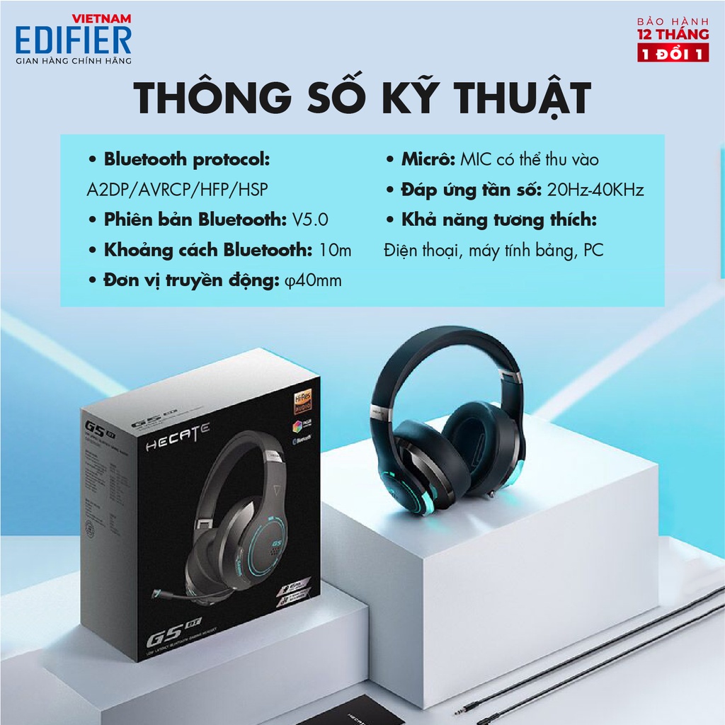 Tai nghe Gaming EDIFIER HECATE G5BT | Thời lượng 40h Playtime | Đèn led RGB | Kết nối không dây và có dây | BH 12 Tháng