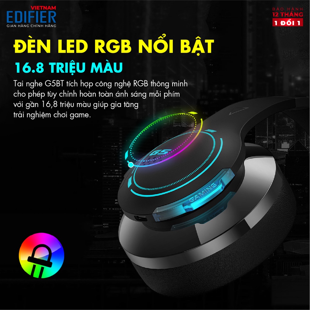 Tai nghe Gaming EDIFIER HECATE G5BT | Thời lượng 40h Playtime | Đèn led RGB | Kết nối không dây và có dây | BH 12 Tháng