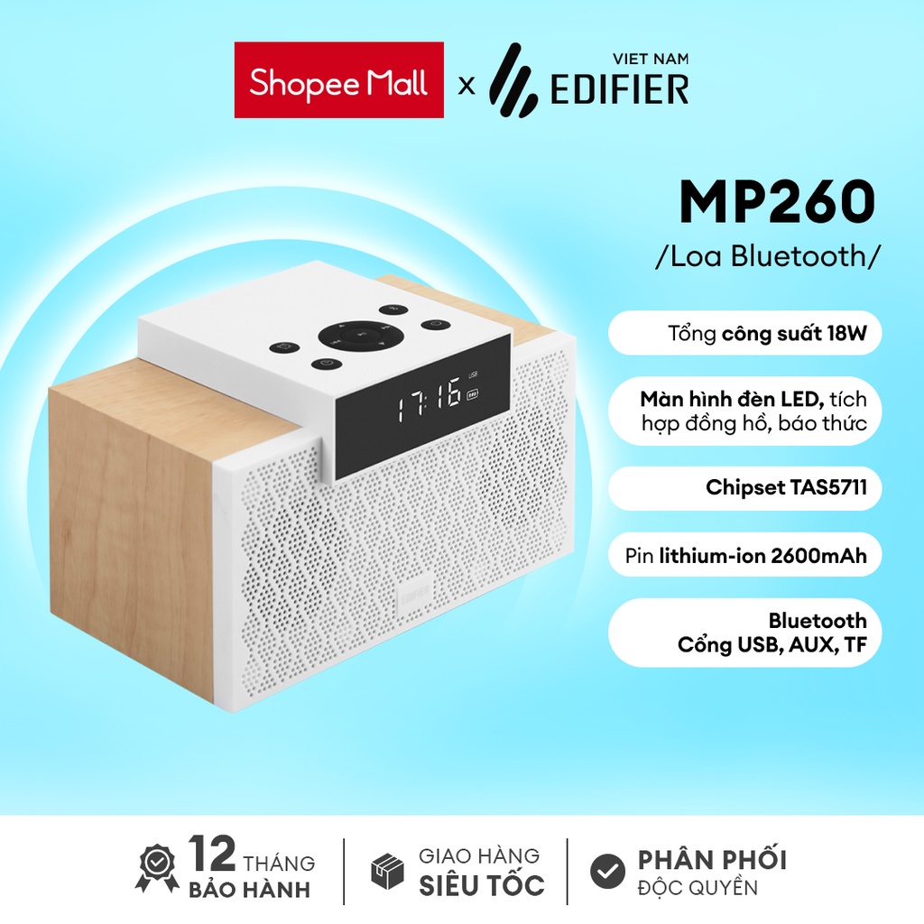 Loa Bluetooth EDIFIER MP260 | Kèm đồng hồ báo thức | Màn hình đèn LED | Công suất lớn | Bảo Hành 12 Tháng