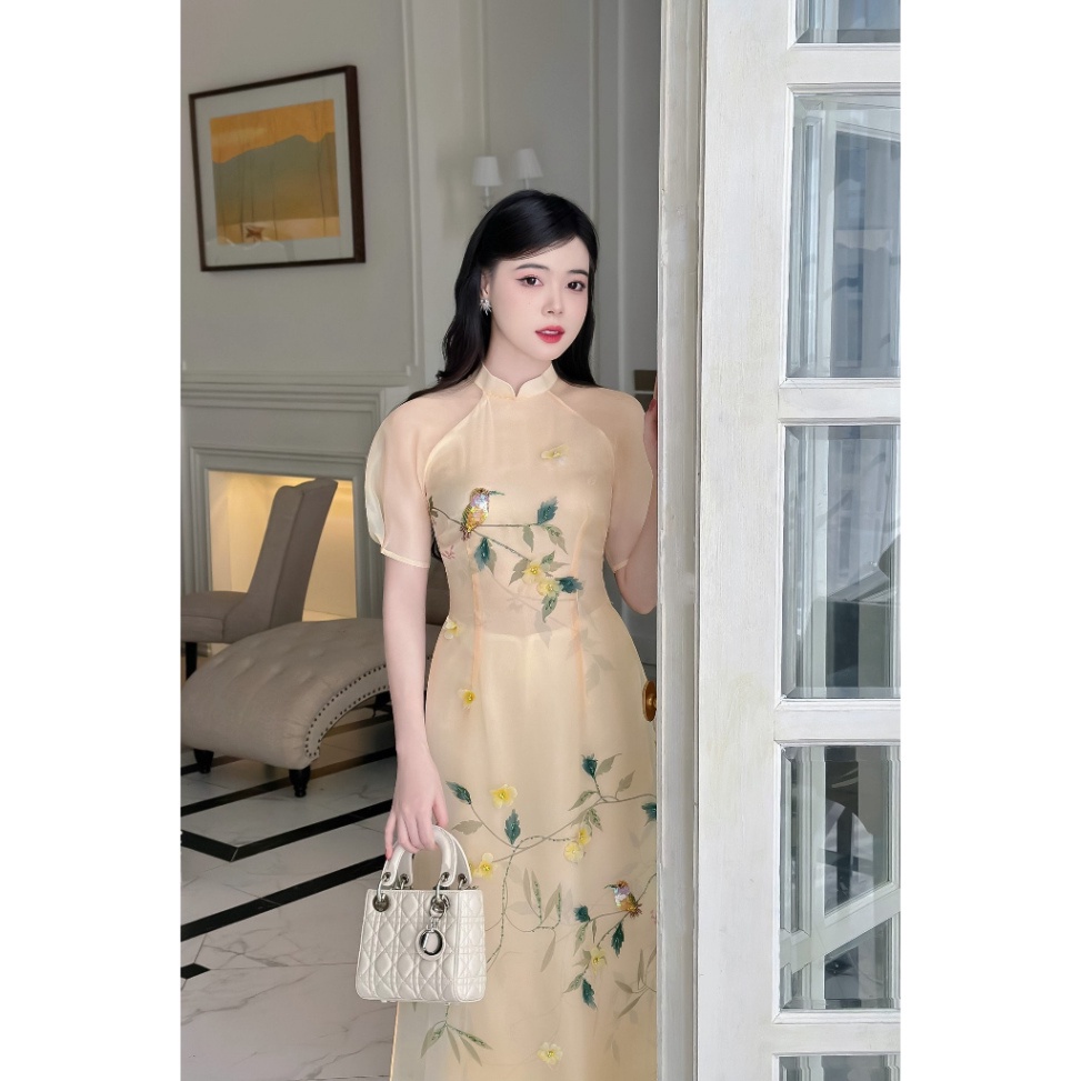 Áo dài cách tân chất liệu organza đính kết đẹp cao cấp - Áo Dài Mộc Lâm - AD84