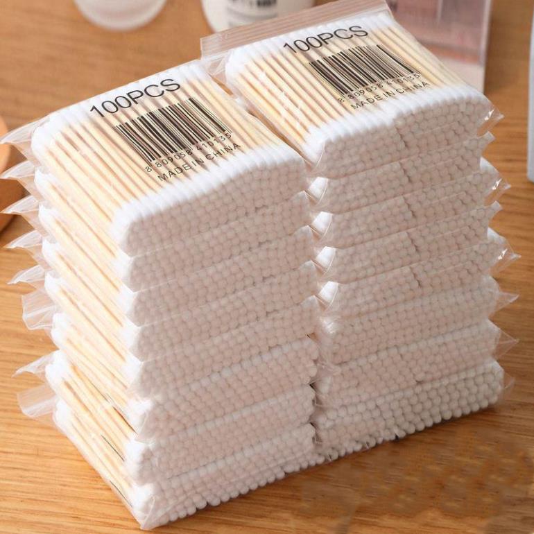 Gói 100 Chiếc Tăm Bông Ngoáy Tai Thân Gỗ, Tăm Bông Nặn Mụn Hai Đầu Đa Năng Vệ Sinh An Toàn