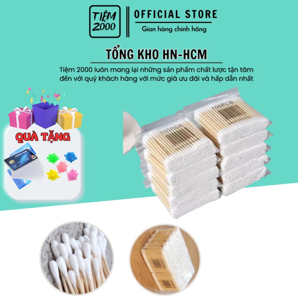 Gói 100 Chiếc Tăm Bông Ngoáy Tai Thân Gỗ, Tăm Bông Nặn Mụn Hai Đầu Đa Năng Vệ Sinh An Toàn