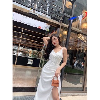 Đầm Dài Lụa 4 Dây Cổ V Xẻ Tà Nhún
