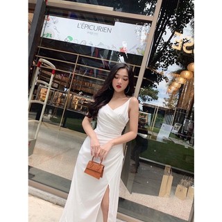 Đầm Dài Lụa 4 Dây Cổ V Xẻ Tà Nhún