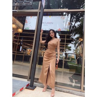 Đầm Dài Lụa 4 Dây Cổ V Xẻ Tà Nhún