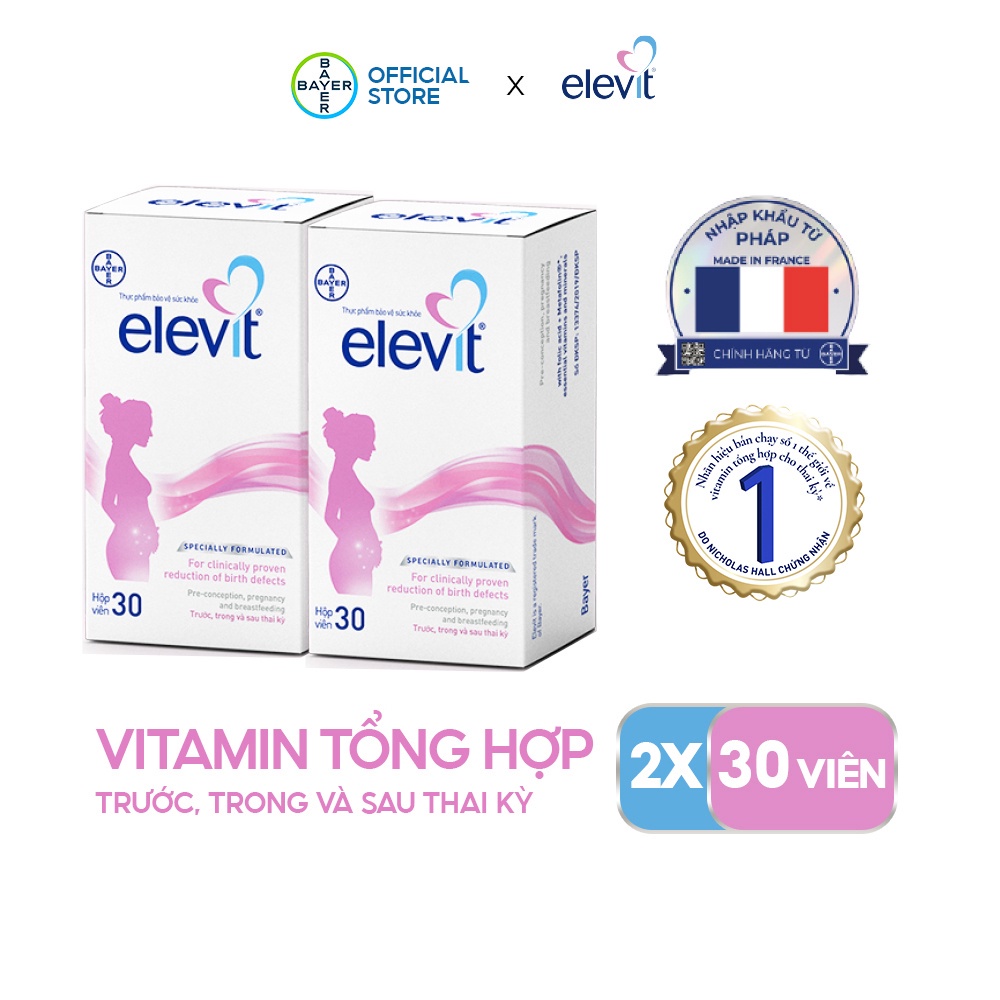 Bộ 2 Hộp Vitamin Bầu Tổng Hợp Elevit Cho Phụ Nữ Trước, Trong và Sau Thai Kỳ (30 Viên/ Hộp)