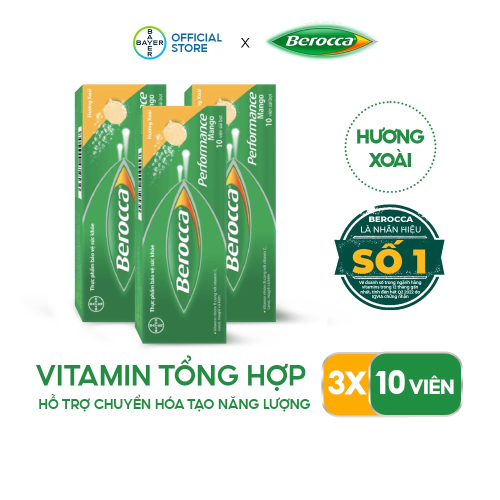 Bộ 3 hộp viên sủi bổ sung Vitamin Berocca Performance Mango 10 Viên/hộp