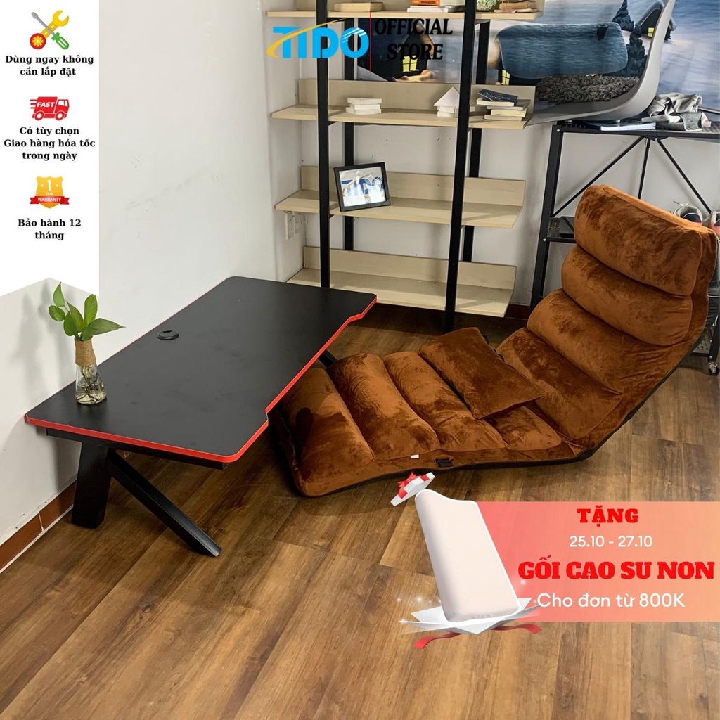 Bộ bàn làm việc gấp gọn + ghế bệt tatami loại lớn TIDO - Bàn chân K, mặt bàn gaming 1m2 - ghế lười dài 1m8