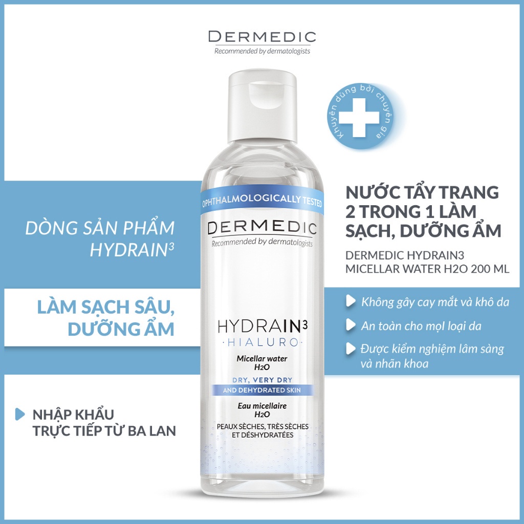 Nước tẩy trang 2in1 cho da khô Hydrain3 Hialuro Micellar Water H2O Dermedic 200ml