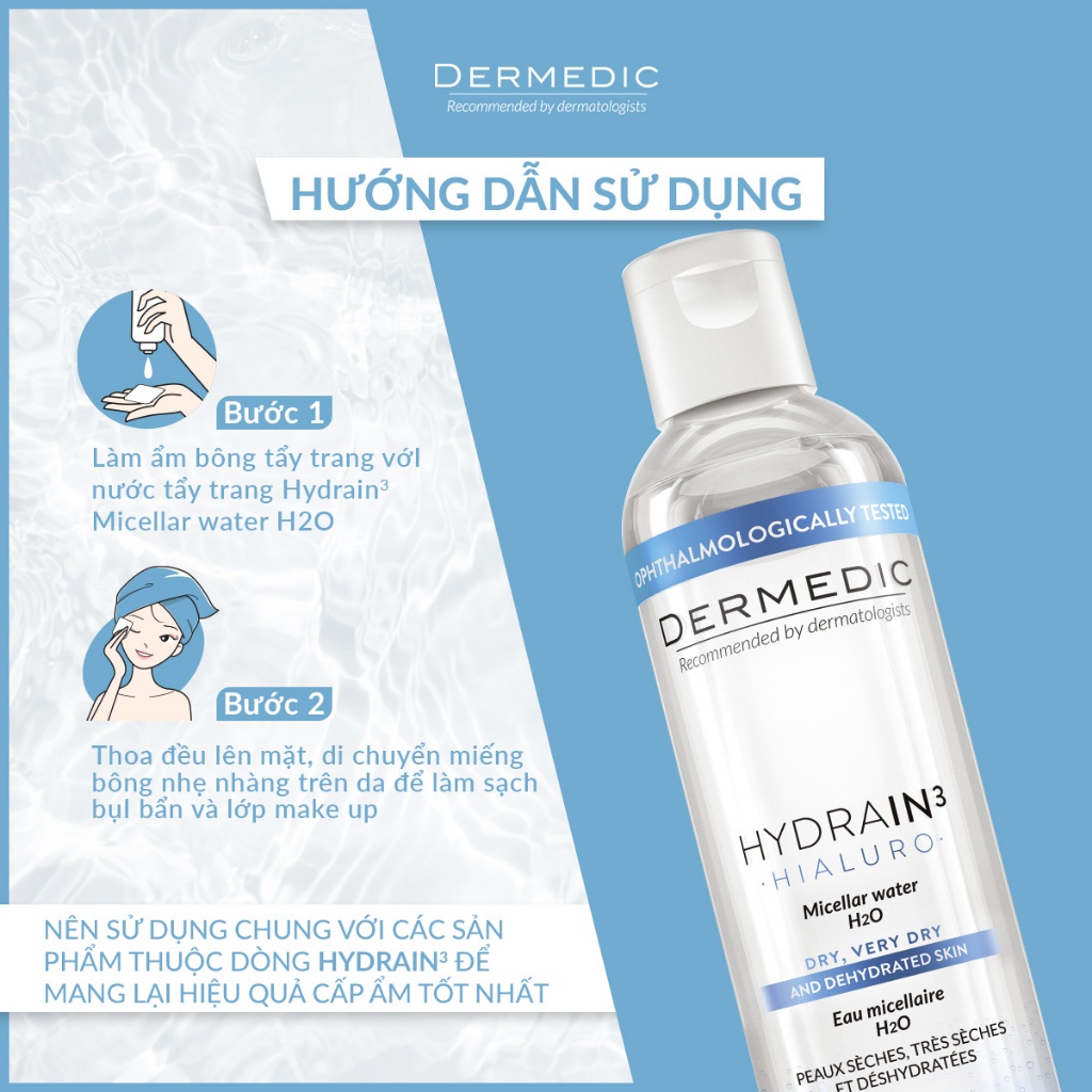 Nước tẩy trang 2in1 cho da khô Hydrain3 Hialuro Micellar Water H2O Dermedic 200ml