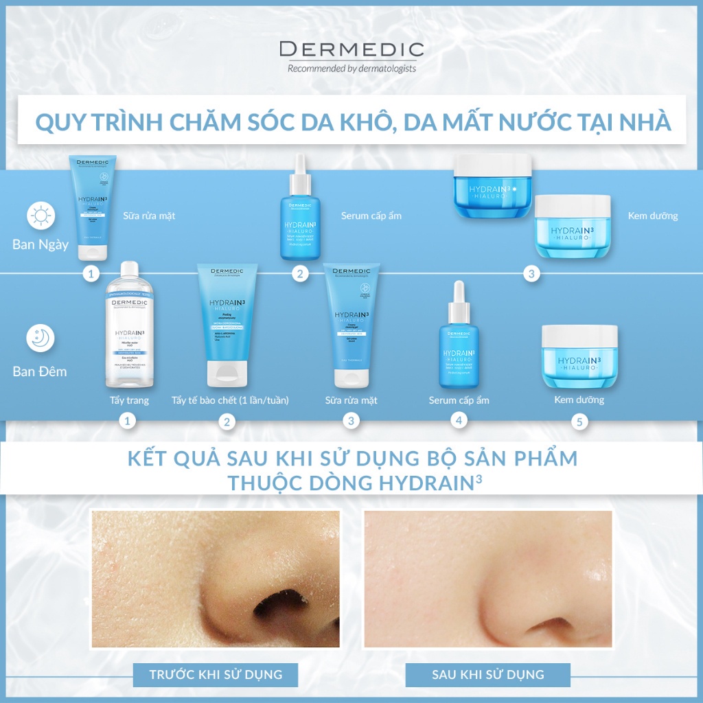 Nước tẩy trang 2in1 cho da khô Hydrain3 Hialuro Micellar Water H2O Dermedic 200ml