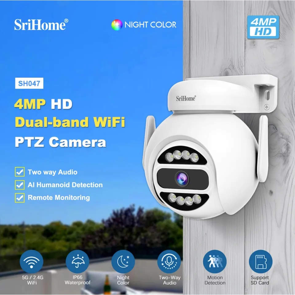 Camera IP Wifi ngoài trời PTZ SriHome SH047B 4.0MP góc siêu rộng FullHD 1296P, Xoay 360 độ, chống nước IP66