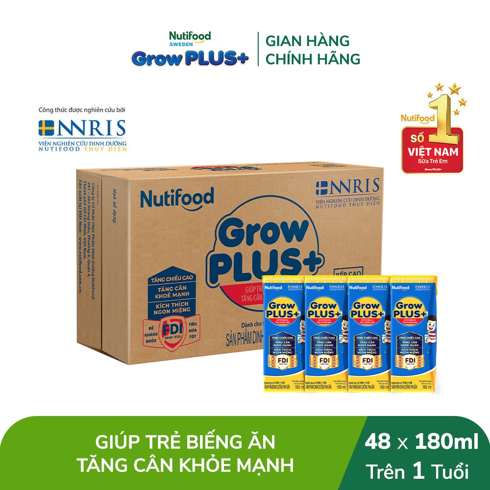 Thùng Sữa Bột Pha Sẵn Nutifood GrowPLUS+ Biếng Ăn 180ml  -Trên 1 tuổi - Tăng Cân Khỏe Mạnh (48 Hộp x 180ml)