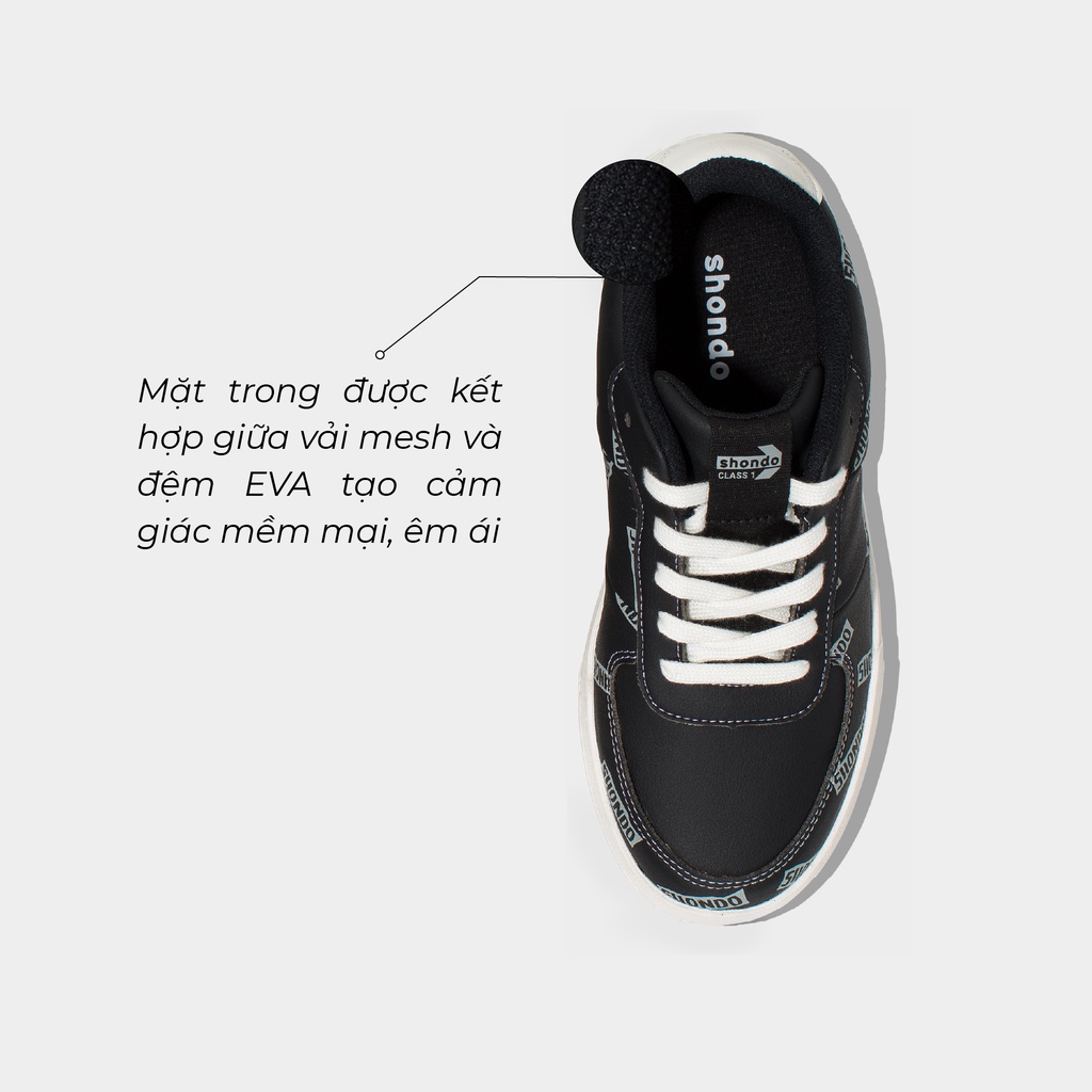 Giày Thể Thao Sneaker Độn Đế Nam Nữ Shondo Class 1 Monogram Đen Bền Nhẹ Đẹp SND0110