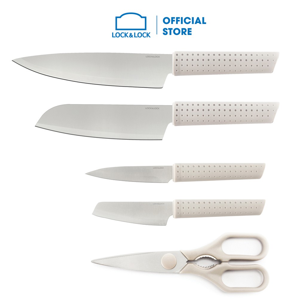 Bộ dao 6 món Lock&Lock (4 dao, 1 kéo, 1 hộp đựng dao) - màu trắng - CKK802