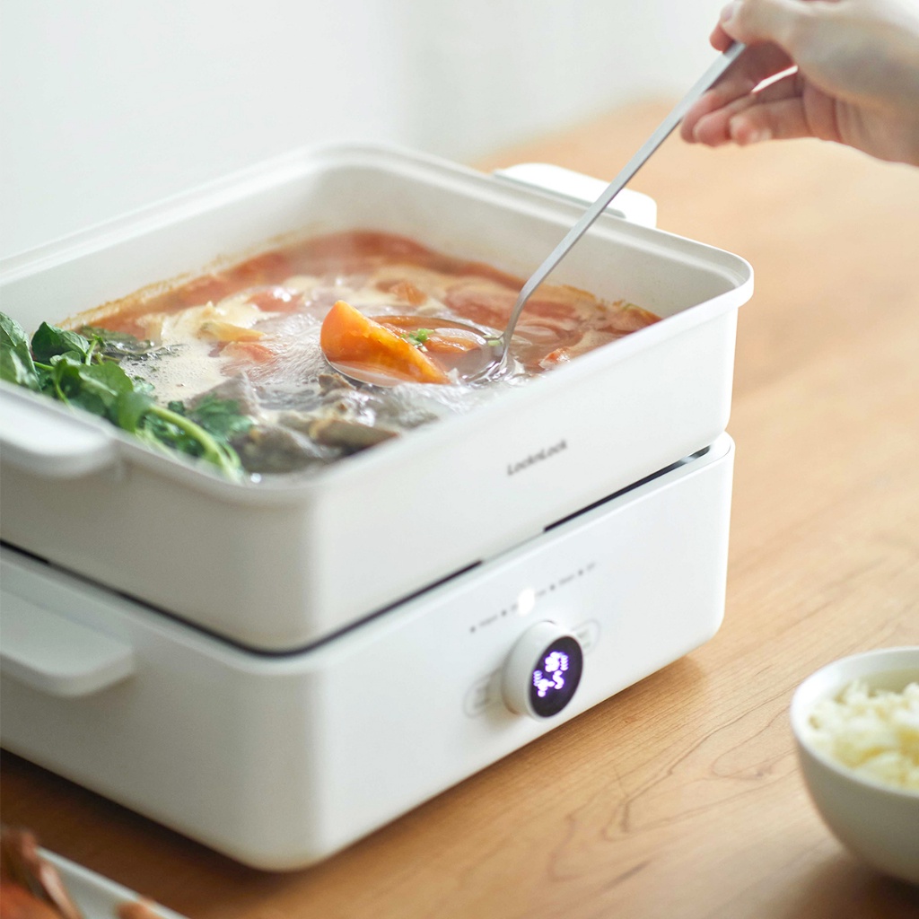 Nồi lẩu đa năng Lock&Lock Bianco Electric Multicooker 4.5L EJP154IVY màu ngà lẩu nướng luộc hấp hầm lòng nồi tráng sứ