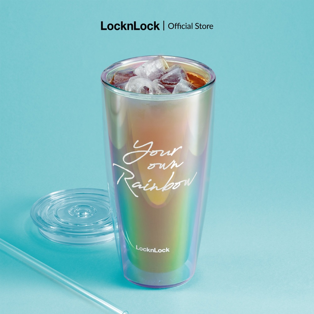 Ly nhựa 2 lớp Lock&Lock màu trắng kèm ống hút Your Own Rainbow double wall cold cup with straw HAP507WHTH