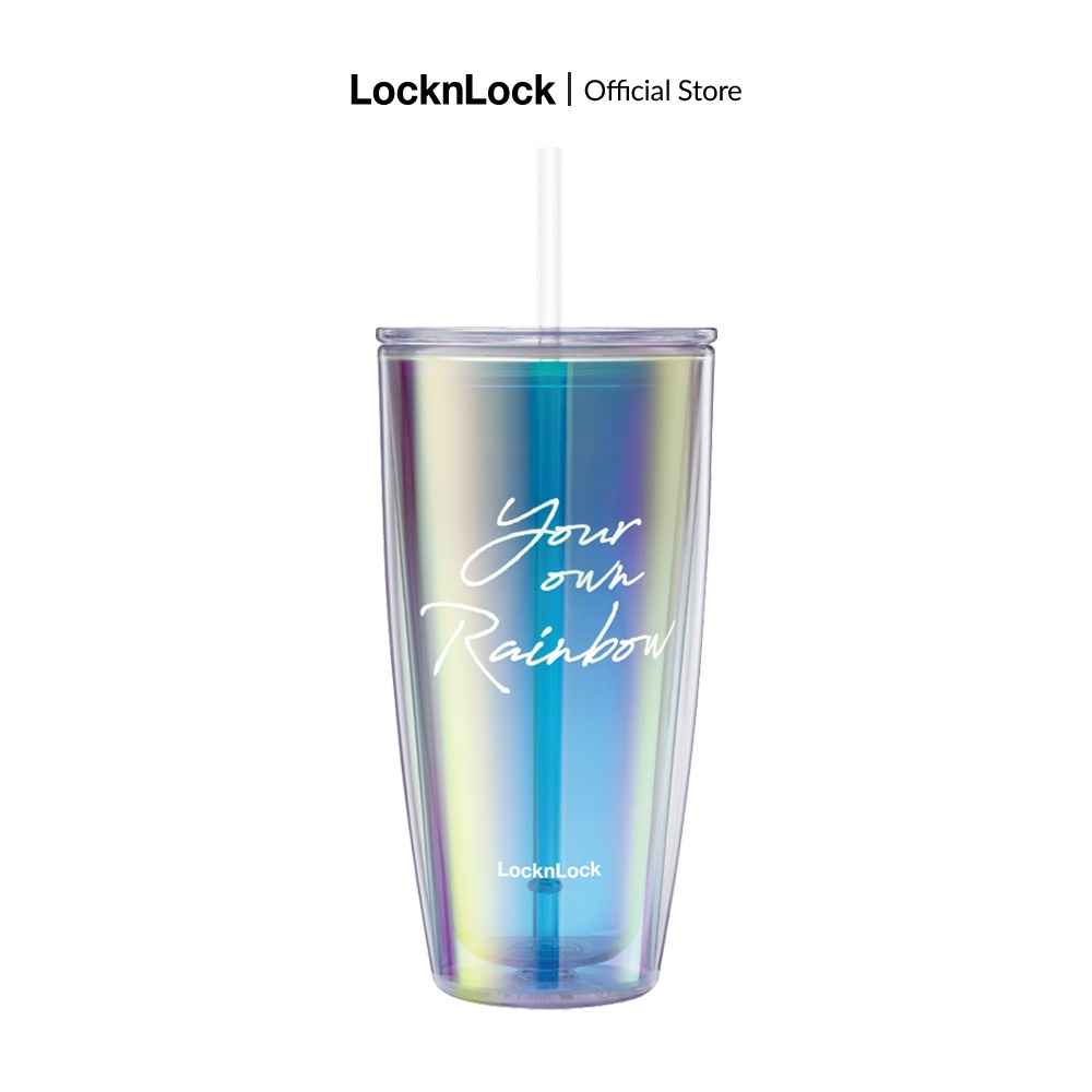 Ly nhựa 2 lớp Lock&Lock màu trắng kèm ống hút Your Own Rainbow double wall cold cup with straw HAP507WHTH